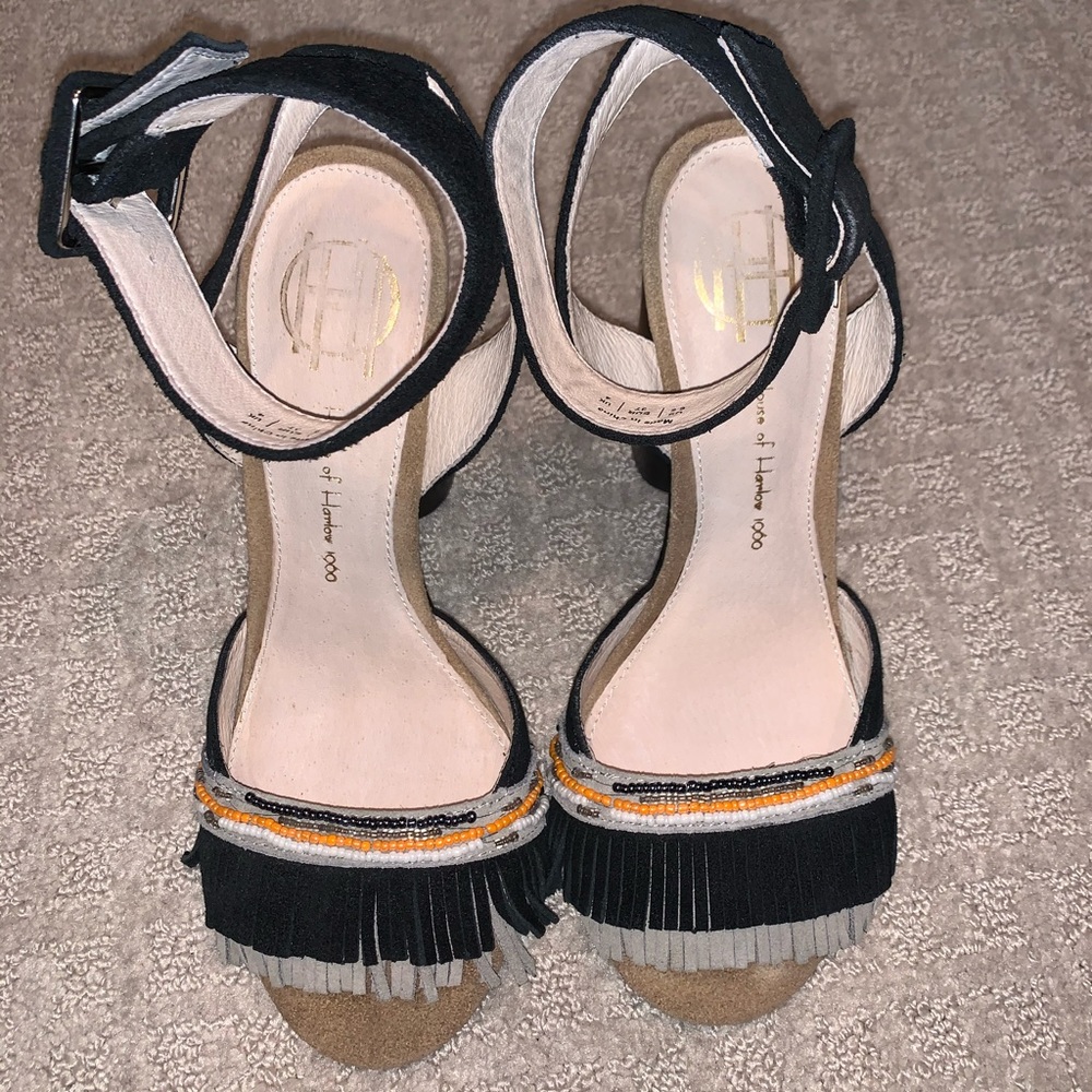 House of Harlowe black and gray fringe heels